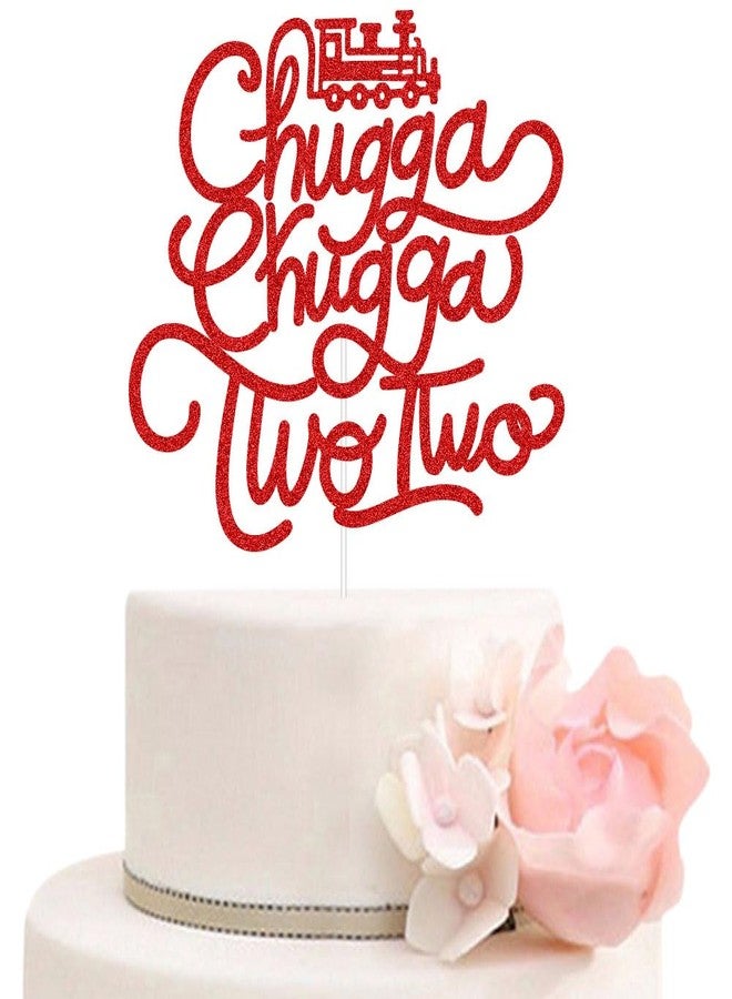ZLPDS Chugga Chugga Two Two Cake Topper, Train Happy Birthday Cake Decor, Choo Choo I'm Two, Railroad Birthday for Boys Train Theme 2nd Party Decorations Red Glitter - Image 2
