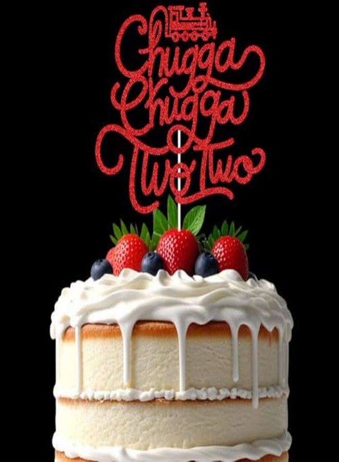 ZLPDS Chugga Chugga Two Two Cake Topper, Train Happy Birthday Cake Decor, Choo Choo I'm Two, Railroad Birthday for Boys Train Theme 2nd Party Decorations Red Glitter - Image 3