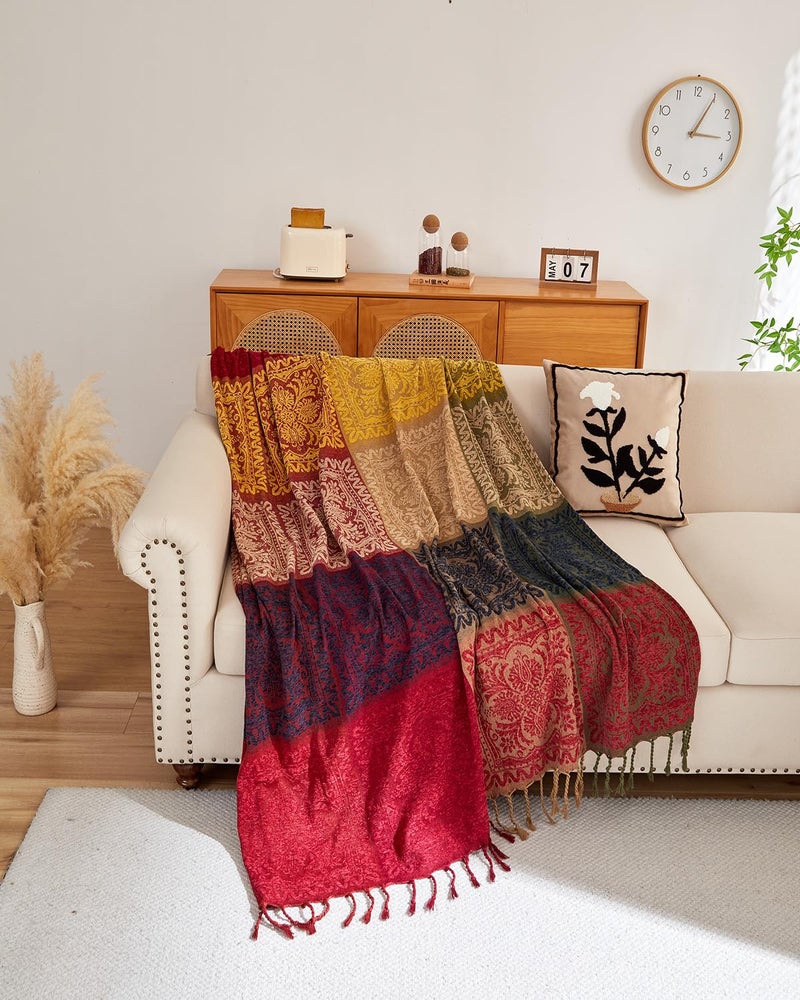AIVIA Boho Throw Blanket, Chenille Jacquard Colorful Bohemian Chair Recliner Furniture Cover Aztec Hippie Throws Loveseat Sofa Blankets (60" x 75", Red Green Navy Yellow) - Image 2