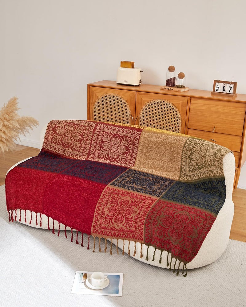 AIVIA Boho Throw Blanket, Chenille Jacquard Colorful Bohemian Chair Recliner Furniture Cover Aztec Hippie Throws Loveseat Sofa Blankets (60" x 75", Red Green Navy Yellow) - Image 5