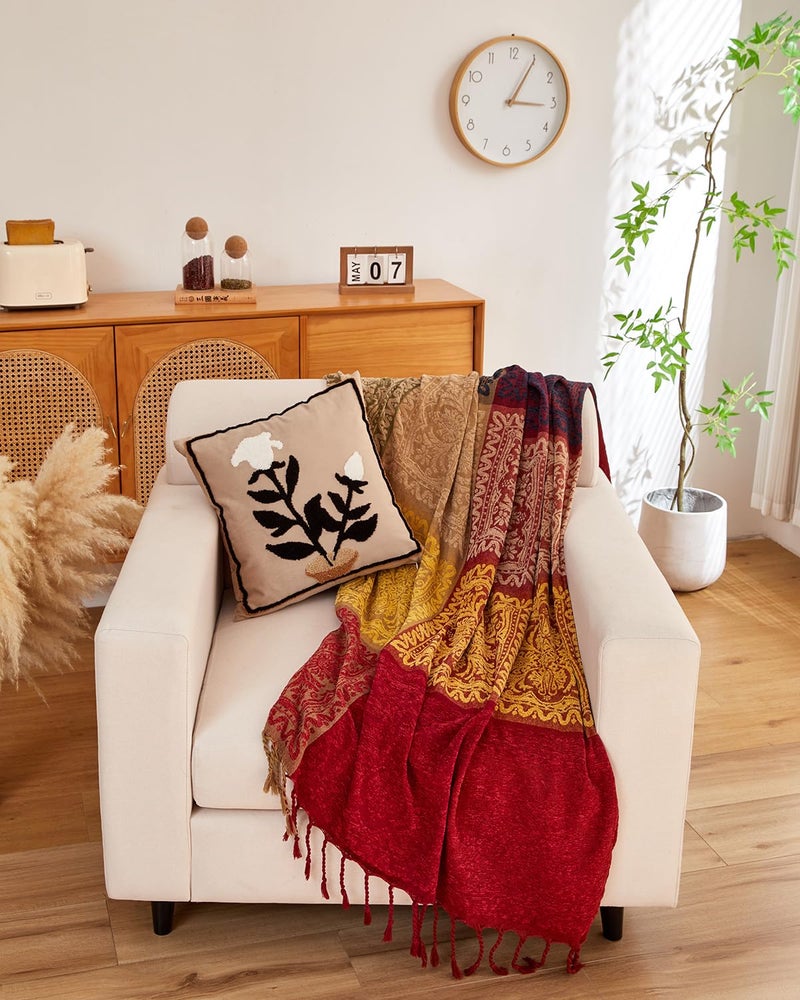 AIVIA Boho Throw Blanket, Chenille Jacquard Colorful Bohemian Chair Recliner Furniture Cover Aztec Hippie Throws Loveseat Sofa Blankets (60" x 75", Red Green Navy Yellow) - Image 3
