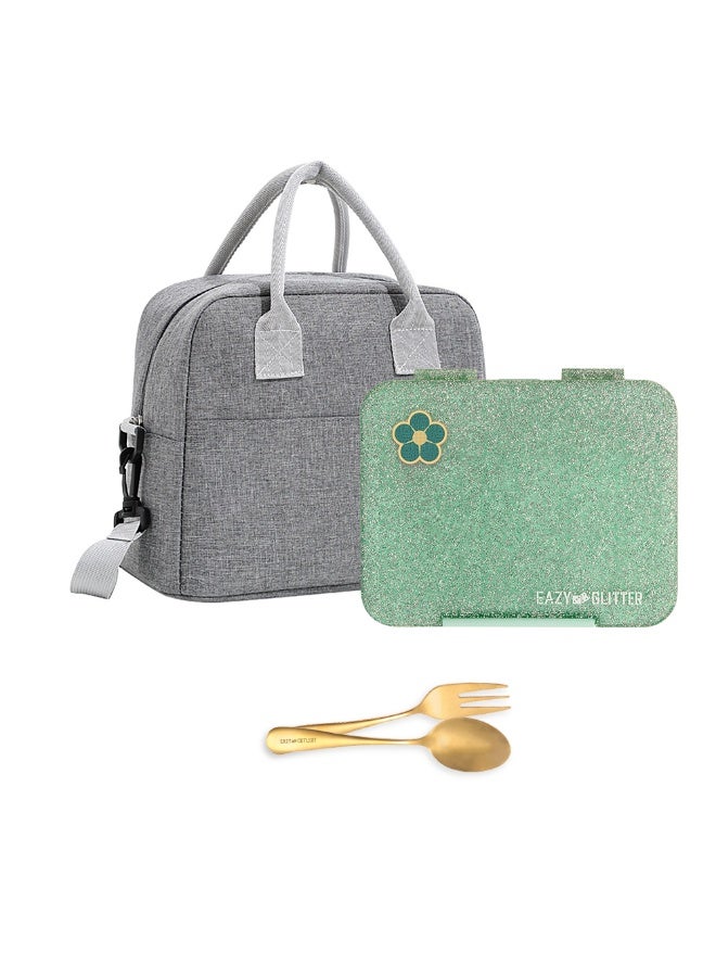 Eazy Kids Eazy Kids 6 & 4 Convertible Bento Lunch Box w/ Lunch Bag - Glitter Green - Image 1