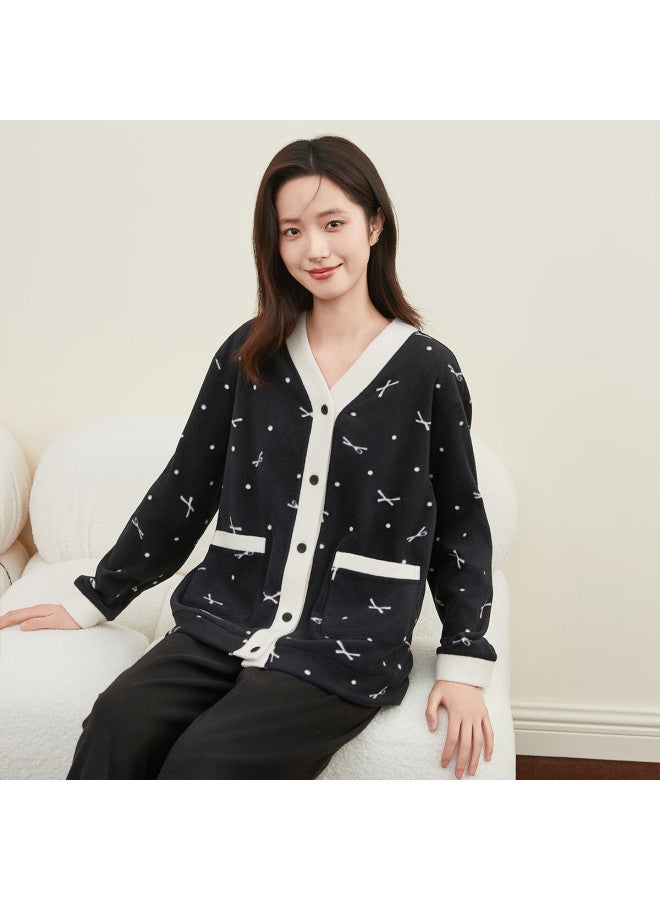 Dingguagua Women's Autumn Winter Fleece V-neck Open Front Pajama Set Black Size 160