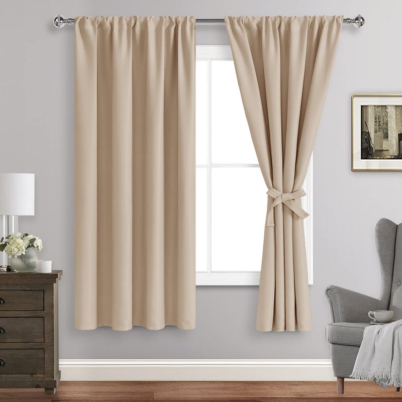 JIUZHEN Blackout Curtains for Bedroomâ€“ Thermal Insulated,Noise Reducing Room Darkening Rod Pocket Curtains for Living Room, Set of 2 Panels with Tiebacks, 42 x 63 inch Long, Beige - Image 1