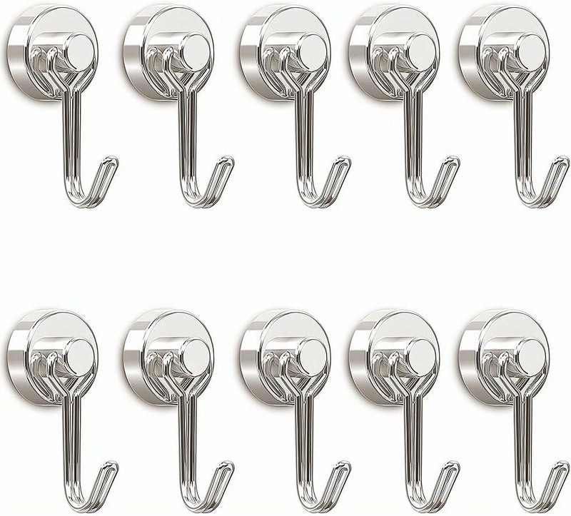 Magnetic Hooks Pack of 10 Silver Heavy Duty Strong Magnet Hook with Rust Proof for Indoor Outdoor Hanging Refrigerator Grill Kitchen Key Holder Locker Classroom - Image 1