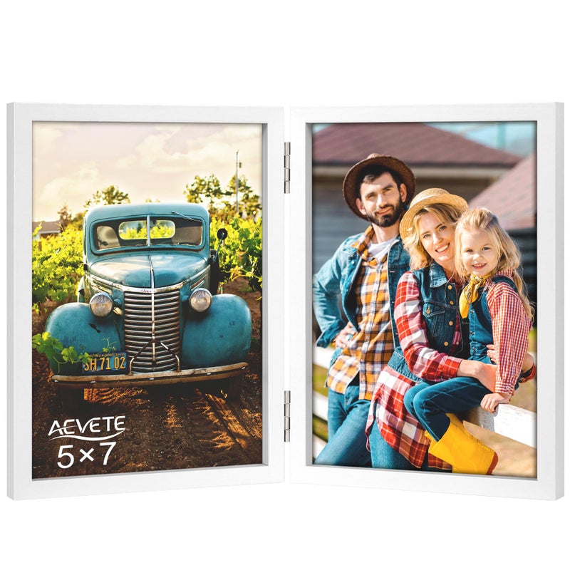 AEVETE 5x7 Picture Frames Double Hinged Wood Folding Photo Frames Vertical with Real Glass Front White