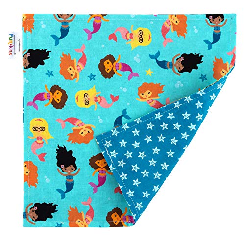 FUN KINS Funkins Reusable Cloth Napkins for Kids | 12”x12”, 2-Ply, Thick, Absorbent, Durable | Machine Washable | Name Tag | Soft Cotton Fabric | Great for School Lunchboxes | Set of 2 Napkins (Mermaids) - Image 3