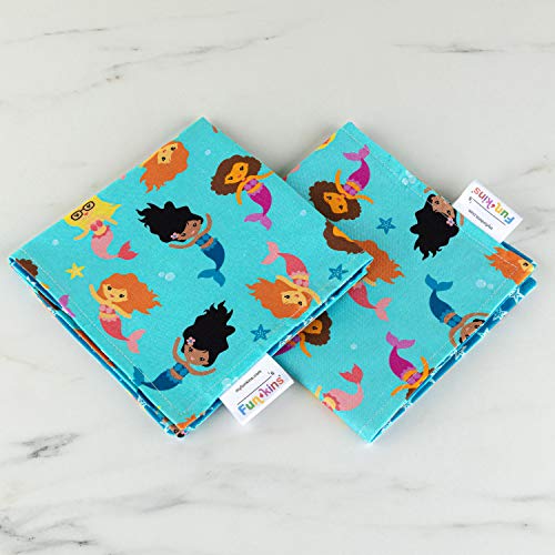 FUN KINS Funkins Reusable Cloth Napkins for Kids | 12”x12”, 2-Ply, Thick, Absorbent, Durable | Machine Washable | Name Tag | Soft Cotton Fabric | Great for School Lunchboxes | Set of 2 Napkins (Mermaids) - Image 2