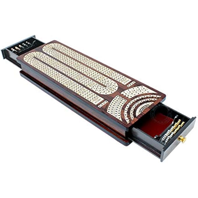 House of Cribbage Continuous Cribbage Board  Box Inlaid in Rosewood  Maple  4 Track  Side Drawers with Score Marking Fields for Skunks Corners and Won Games - Image 4