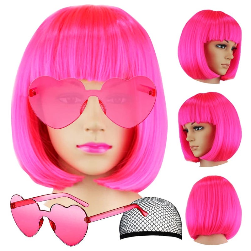 LIULIUBTY Short Bob Hair Wigs Straight with Flat Bangs Synthetic Colorful Cosplay Daily Party Neon Wig for Women + Free Wig Cap 14" Natural As Real - Image 1