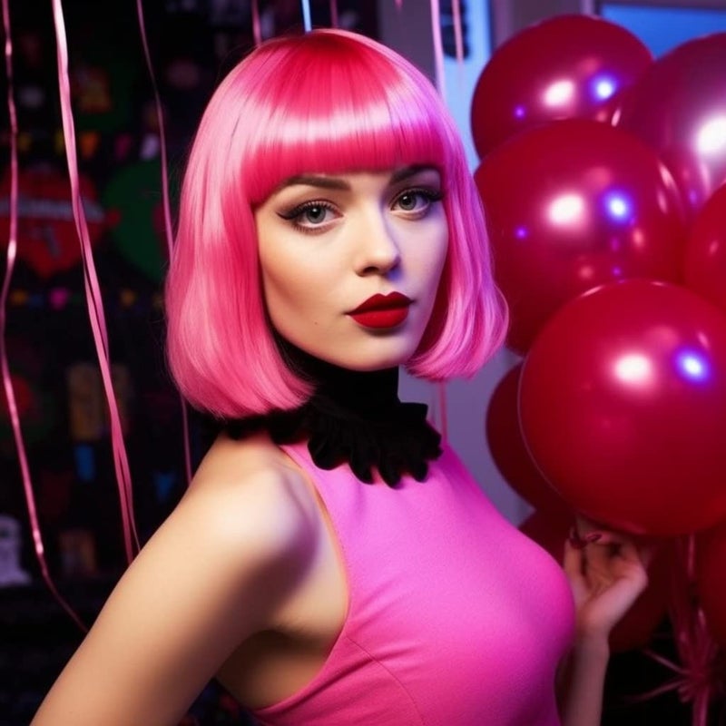 LIULIUBTY Short Bob Hair Wigs Straight with Flat Bangs Synthetic Colorful Cosplay Daily Party Neon Wig for Women + Free Wig Cap 14" Natural As Real - Image 3