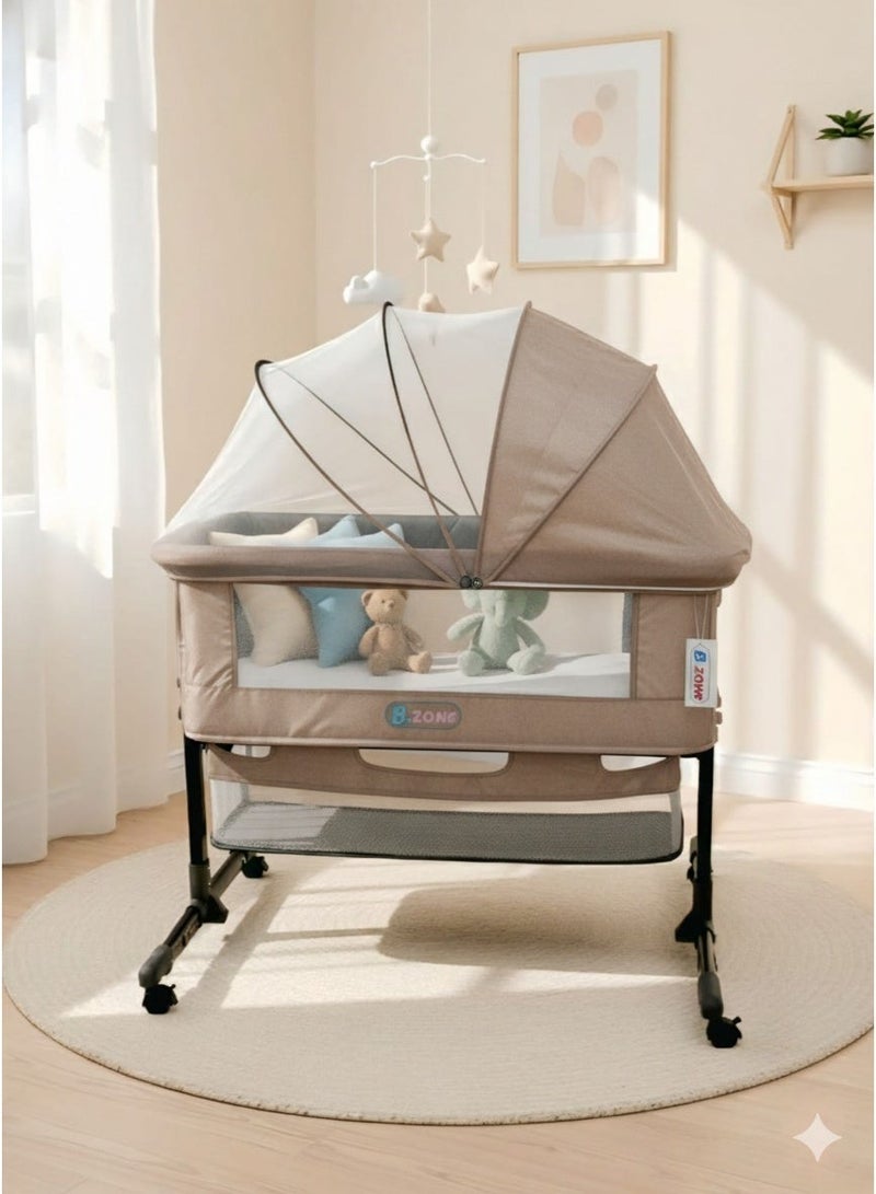 NZONE STORE Baby Zone Newborn Baby Crib with Height Adjustable Headrest, Opening Sides, Detachable Mosquito Net, Bottom Shelf, and Soft Mattress with 360° Swivel Wheels, for Newborns - KHAKI - Image 1