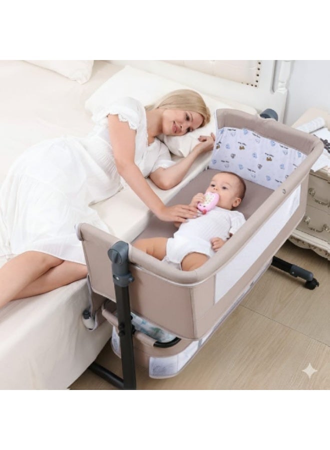 NZONE STORE Baby Zone Newborn Baby Crib with Height Adjustable Headrest, Opening Sides, Detachable Mosquito Net, Bottom Shelf, and Soft Mattress with 360° Swivel Wheels, for Newborns - KHAKI - Image 3