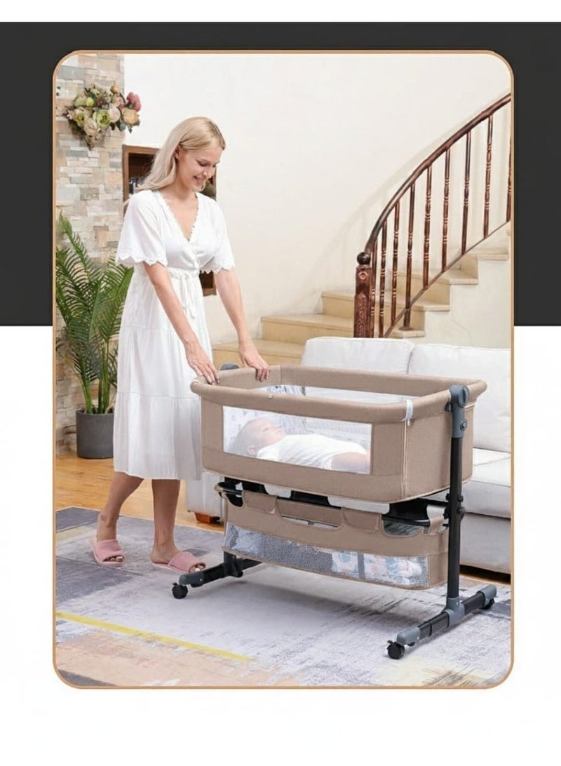 NZONE STORE Baby Zone Newborn Baby Crib with Height Adjustable Headrest, Opening Sides, Detachable Mosquito Net, Bottom Shelf, and Soft Mattress with 360° Swivel Wheels, for Newborns - KHAKI - Image 4