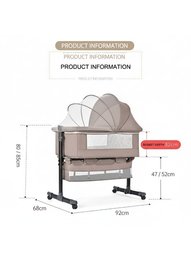 NZONE STORE Baby Zone Newborn Baby Crib with Height Adjustable Headrest, Opening Sides, Detachable Mosquito Net, Bottom Shelf, and Soft Mattress with 360° Swivel Wheels, for Newborns - KHAKI - Image 5