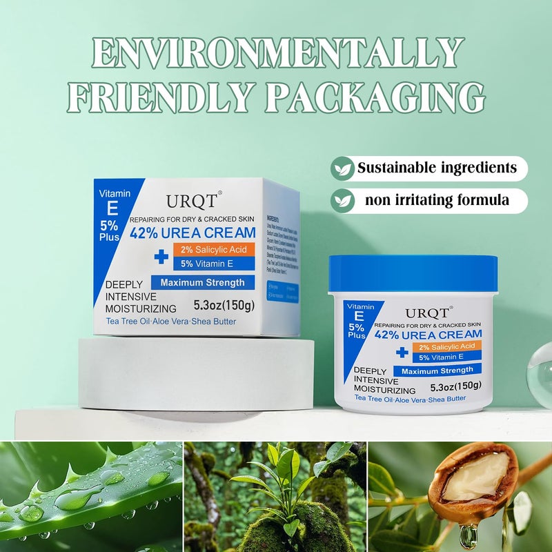URQT 42% Urea Cream for Dry & Cracked Skin - Foot & Hand Cream with 2% Salicylic Acid, 5% Vitamin E, Tea Tree Oil, Aloe Vera, Shea Butter - Moisturizer & Skin Repair Cream for Feet Maximum Strength - Image 3