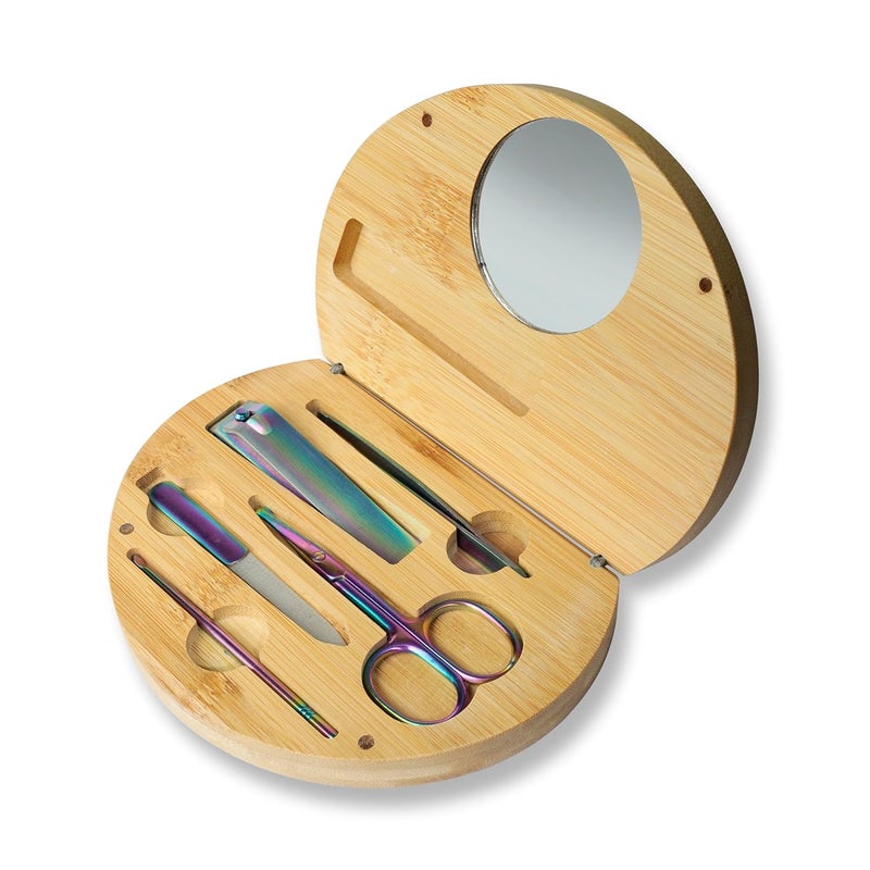 URBAN BOX Rainbow Manicure Pedicure Set with Mirror Premium 5 in1 Grooming Kit for Nails and PersonalCare Includes Nail Cutter Scissors Tweezers and file in compact - Image 1