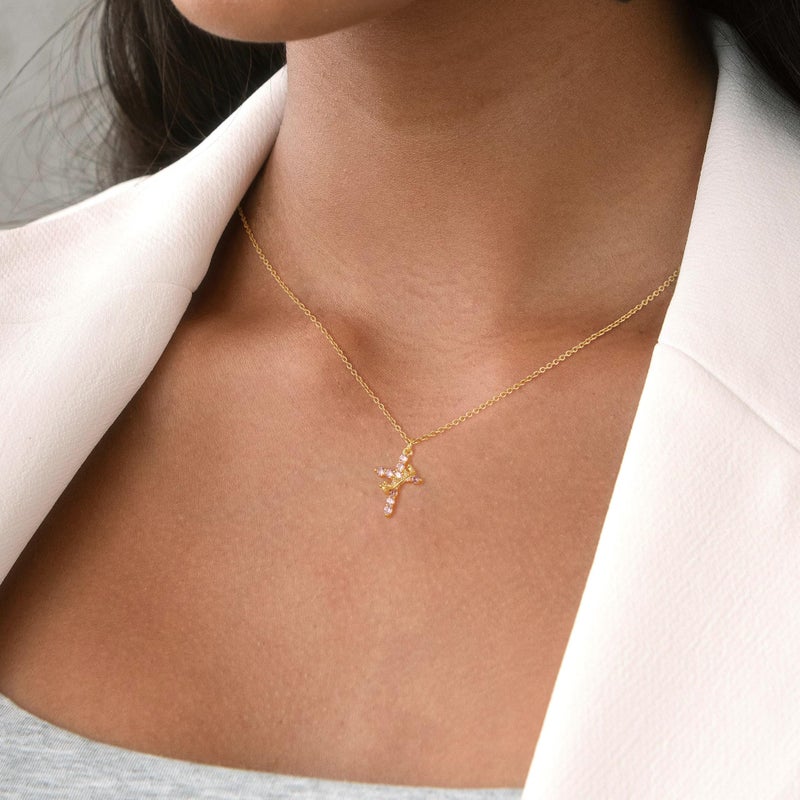 Robaice Birthstone Crown Cross Necklace for Women, Gold-Plated Christian Faith Necklace, Cross Jewelry Gift for Her, October Pink Tourmaline Gift - Image 3