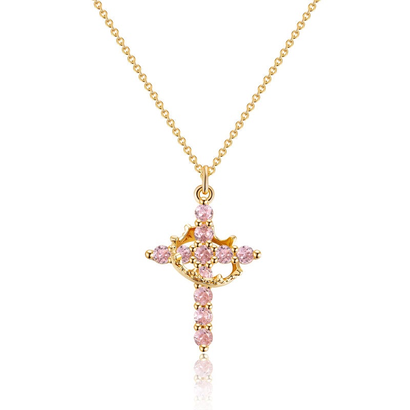 Robaice Birthstone Crown Cross Necklace for Women, Gold-Plated Christian Faith Necklace, Cross Jewelry Gift for Her, October Pink Tourmaline Gift - Image 1
