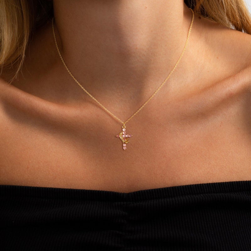Robaice Birthstone Crown Cross Necklace for Women, Gold-Plated Christian Faith Necklace, Cross Jewelry Gift for Her, October Pink Tourmaline Gift - Image 2