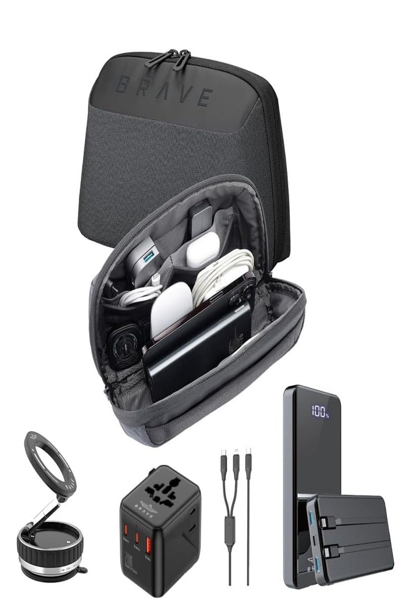 Brave Travel Kit, 5-in-1 Tech Pouch Travel Accessories Combo, 12,000mAh Power Bank, 20W GaN Universal Travel Adapter with USB-C Fast Charging, 2-in-1 USB-C and Lightning Cable, Magnetic Vacuum Suction Car Phone Holder, Waterproof Dual-Layer Travel Bag, Compatible with iPhone Air, iPhone 17 / 17 Pro / 17 Pro Max, iPhone 16 / 15 / 14 / 13 Series, Galaxy S25 / S24 / S23 Ultra, Z Fold6 / Flip6, Pixel 9 / 8 Pro, iPad Pro, MacBook Air, Steam Deck, DJI - Image 1