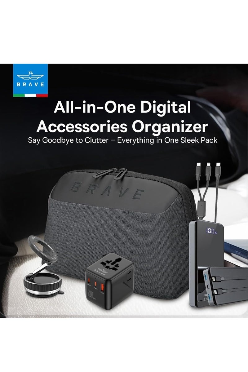 Brave Travel Kit, 5-in-1 Tech Pouch Travel Accessories Combo, 12,000mAh Power Bank, 20W GaN Universal Travel Adapter with USB-C Fast Charging, 2-in-1 USB-C and Lightning Cable, Magnetic Vacuum Suction Car Phone Holder, Waterproof Dual-Layer Travel Bag, Compatible with iPhone Air, iPhone 17 / 17 Pro / 17 Pro Max, iPhone 16 / 15 / 14 / 13 Series, Galaxy S25 / S24 / S23 Ultra, Z Fold6 / Flip6, Pixel 9 / 8 Pro, iPad Pro, MacBook Air, Steam Deck, DJI - Image 2