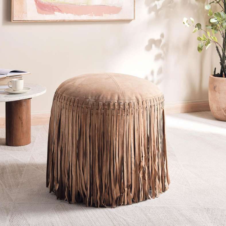 Pan Home Willow Suede Leather Pouf - Taupe