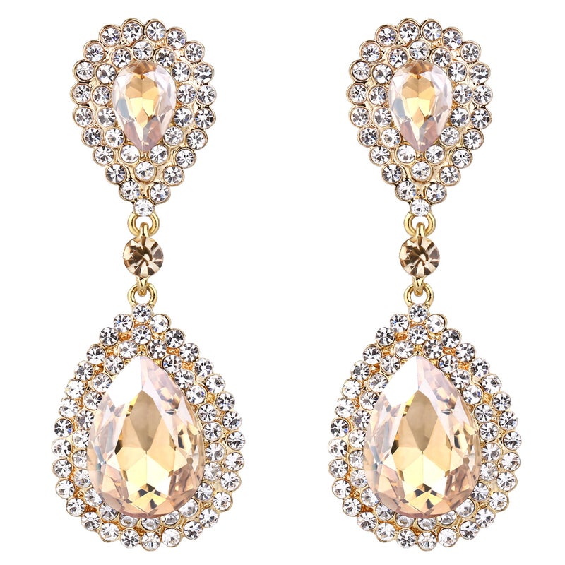 BriLove Gold-Toned Dangle Jewelry Earrings for Women Wedding Bridal Fashion Crystal Teardrop Infinity Champagne. - Image 1