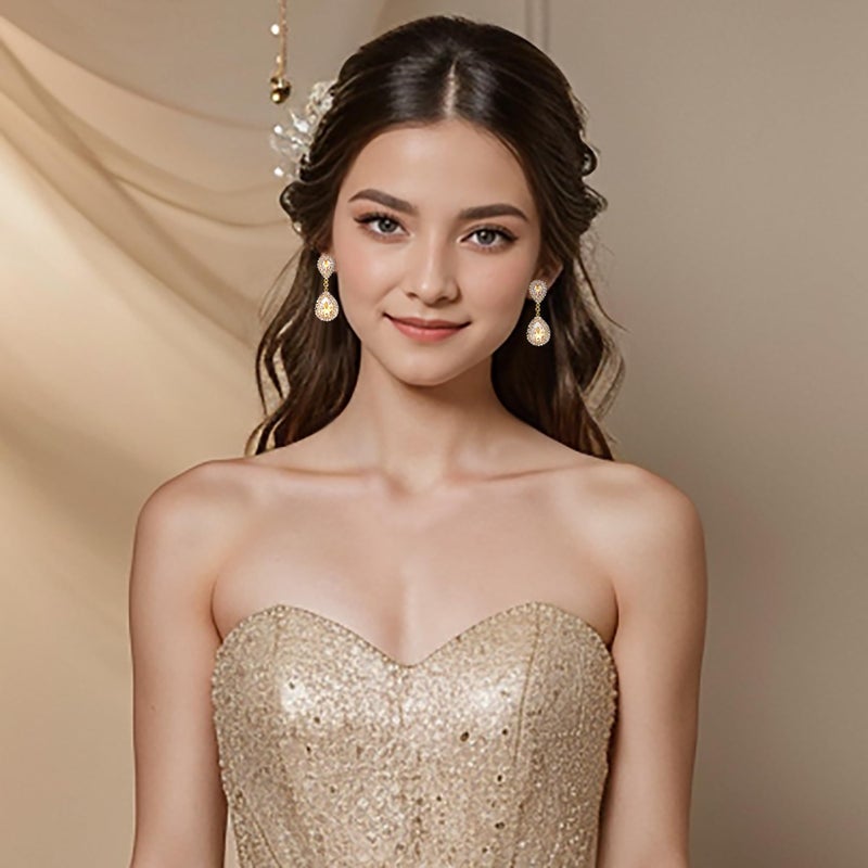 BriLove Gold-Toned Dangle Jewelry Earrings for Women Wedding Bridal Fashion Crystal Teardrop Infinity Champagne. - Image 4