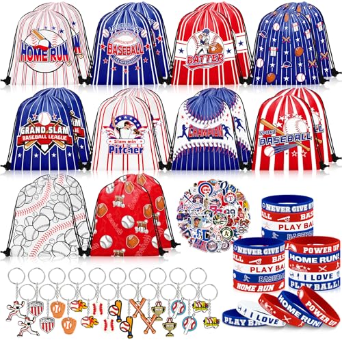 Grneric 110 Pcs Baseball Party Favors Drawstring Bags Baseball Goodie Bags with Keychains Silicone Bracelets Stickers Gift Bags for Baseball Themed Birthday Party Favors Supplies - Image 1
