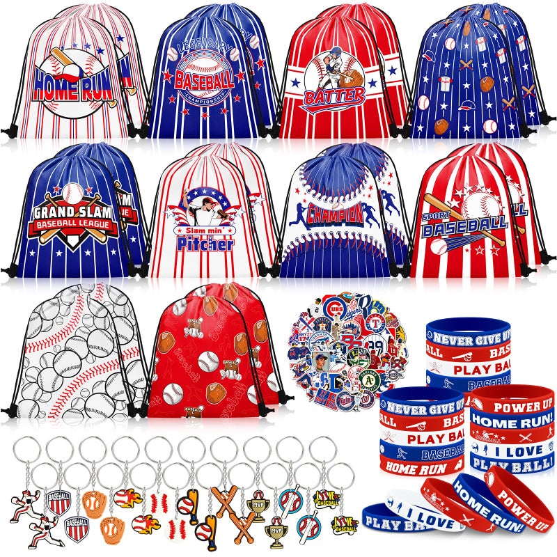 Grneric 110 Pcs Baseball Party Favors Drawstring Bags Baseball Goodie Bags with Keychains Silicone Bracelets Stickers Gift Bags for Baseball Themed Birthday Party Favors Supplies - Image 3