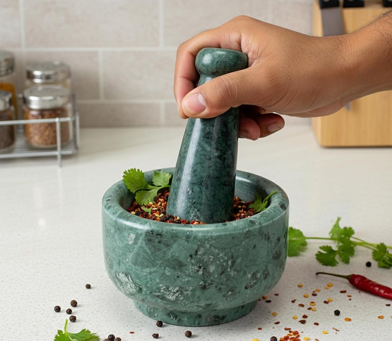 KLEO 5" Diameter Natural Stone Mortar and Pestle Set as Spice Grinder, Medicine Masher - Okhli & Musal (Green) - Image 3