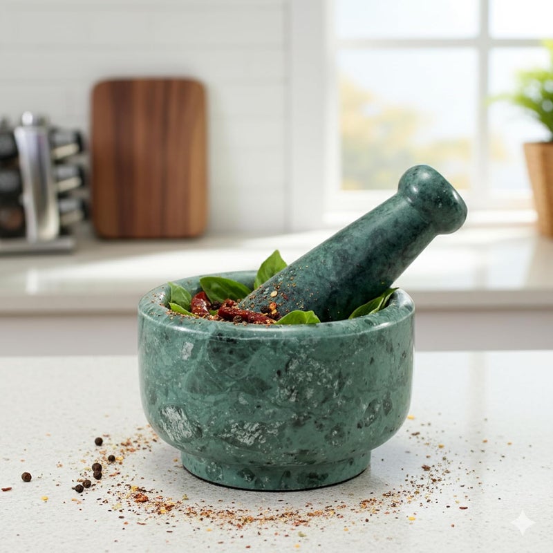 KLEO 5" Diameter Natural Stone Mortar and Pestle Set as Spice Grinder, Medicine Masher - Okhli & Musal (Green) - Image 2