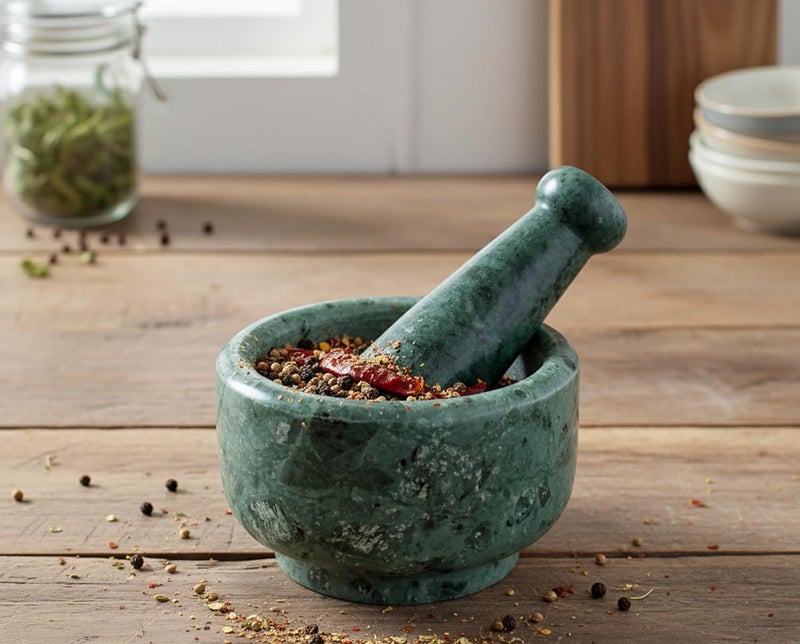 KLEO 5" Diameter Natural Stone Mortar and Pestle Set as Spice Grinder, Medicine Masher - Okhli & Musal (Green) - Image 1