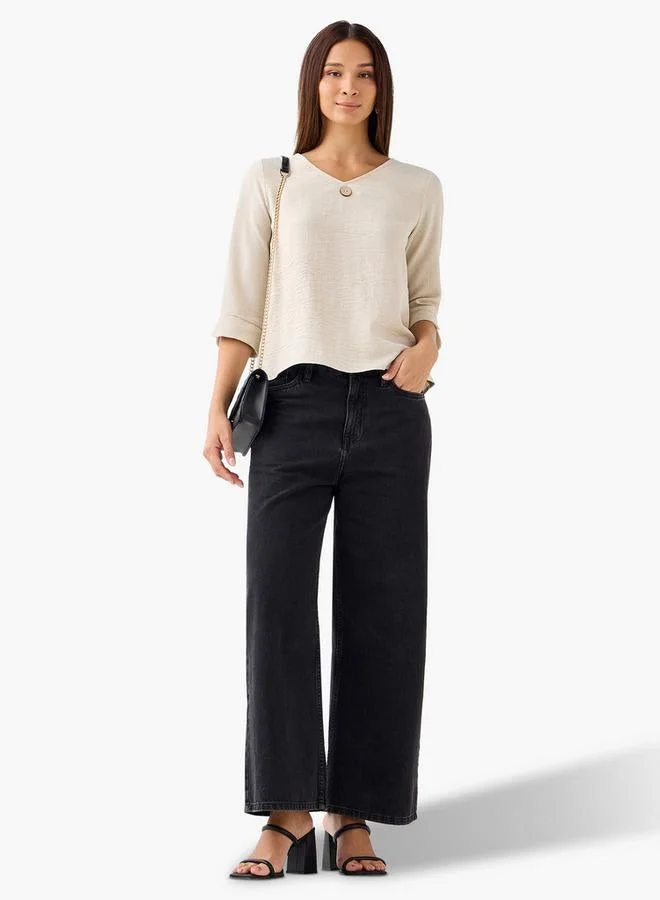 سبلاش فيڤ بلوزة بتطريز أزرار وياقة على شكل