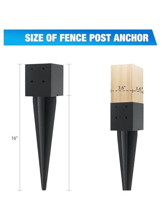 Arabest 2 Pcs 4x4 Fence Post Anchor Ground Spike 16(Actual 3.6x3.6) Heavy Duty Metal Fence Post Anchor with Black Powder-Coated for Deck,Fence,Porch,Railing,Mailbox - Image 2