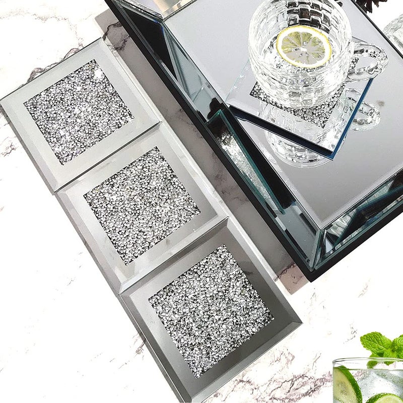 GIMORRTO Glass Mirrored Coaster 4 PC, Crushed Diamond Square Cup Mat 4" Decor on Tabletop for Bar Tools Dining Table - Image 3