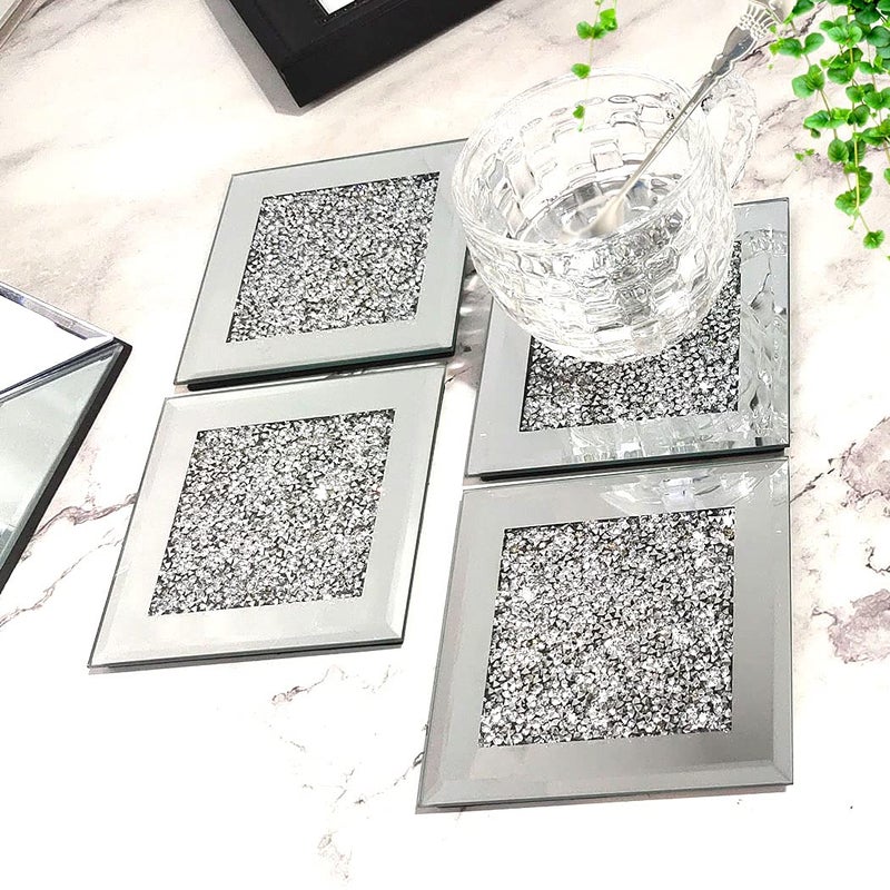 GIMORRTO Glass Mirrored Coaster 4 PC, Crushed Diamond Square Cup Mat 4" Decor on Tabletop for Bar Tools Dining Table - Image 4
