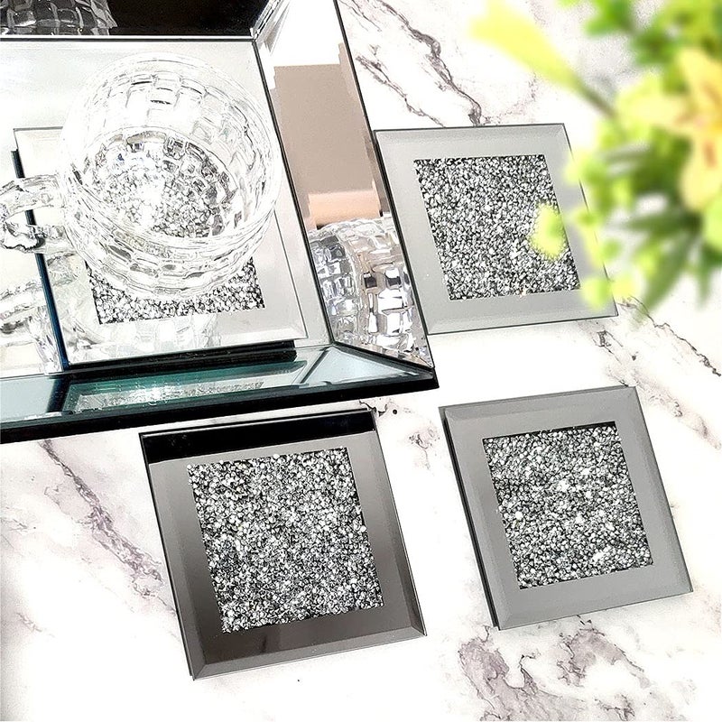 GIMORRTO Glass Mirrored Coaster 4 PC, Crushed Diamond Square Cup Mat 4" Decor on Tabletop for Bar Tools Dining Table - Image 2