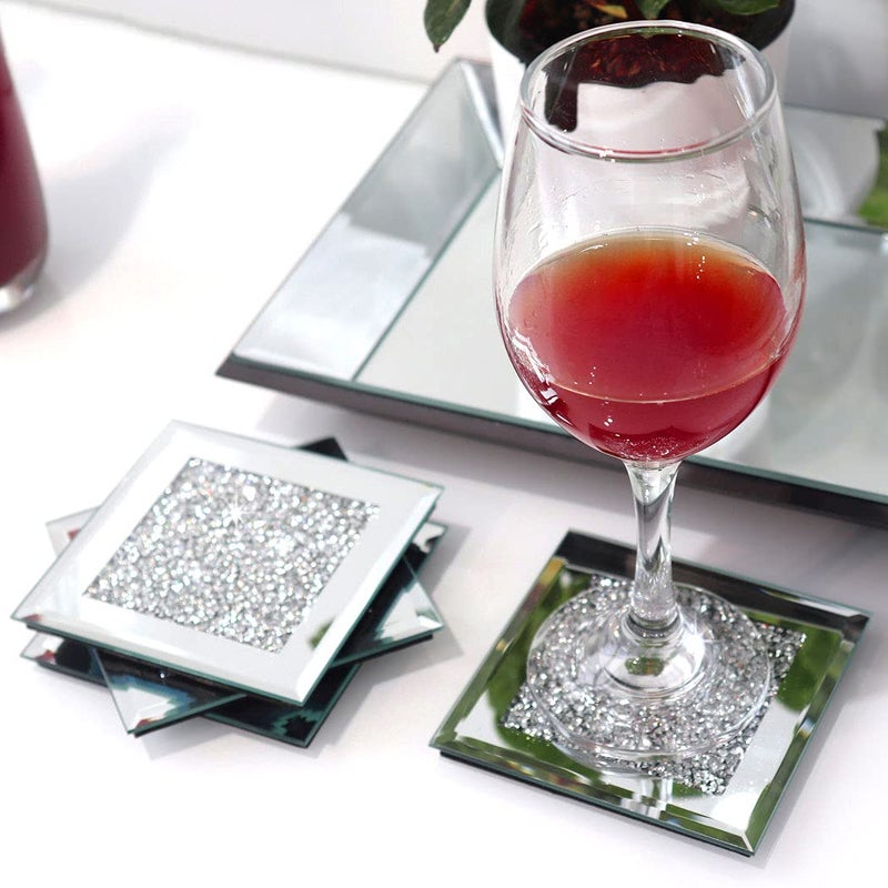 GIMORRTO Glass Mirrored Coaster 4 PC, Crushed Diamond Square Cup Mat 4" Decor on Tabletop for Bar Tools Dining Table - Image 1