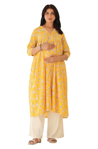 Janasya Women's Yellow Pure Cotton Floral Printed Empire Maternity Kurta (MAA25KR01182-S) - Image 1