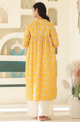 Janasya Women's Yellow Pure Cotton Floral Printed Empire Maternity Kurta (MAA25KR01182-S) - Image 4
