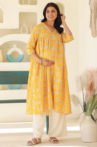 Janasya Women's Yellow Pure Cotton Floral Printed Empire Maternity Kurta (MAA25KR01182-S) - Image 5