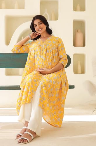 Janasya Women's Yellow Pure Cotton Floral Printed Empire Maternity Kurta (MAA25KR01182-S) - Image 3
