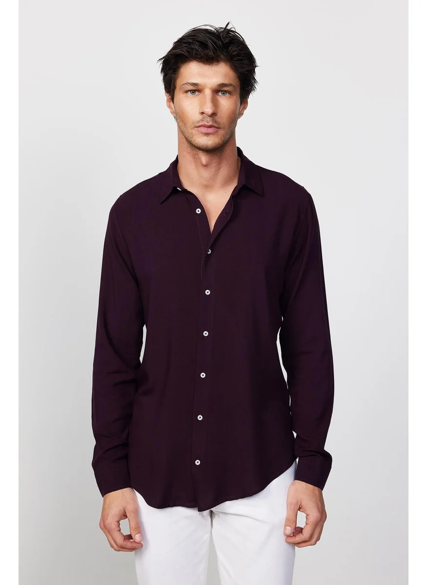 Tudors Tudors Slim Fit Slim Fit Long Sleeve Flowy Viscose Stylish Plum Men's Shirt