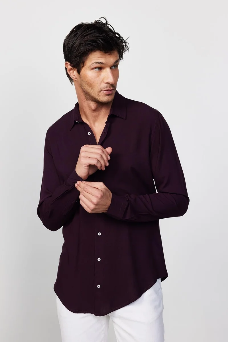 Tudors Slim Fit Slim Fit Long Sleeve Flowy Viscose Stylish Plum Men's Shirt