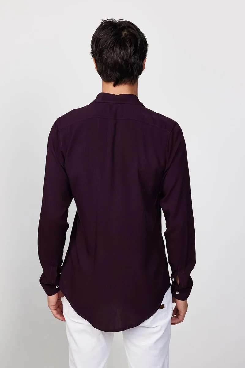 Tudors Slim Fit Slim Fit Long Sleeve Flowy Viscose Stylish Plum Men's Shirt