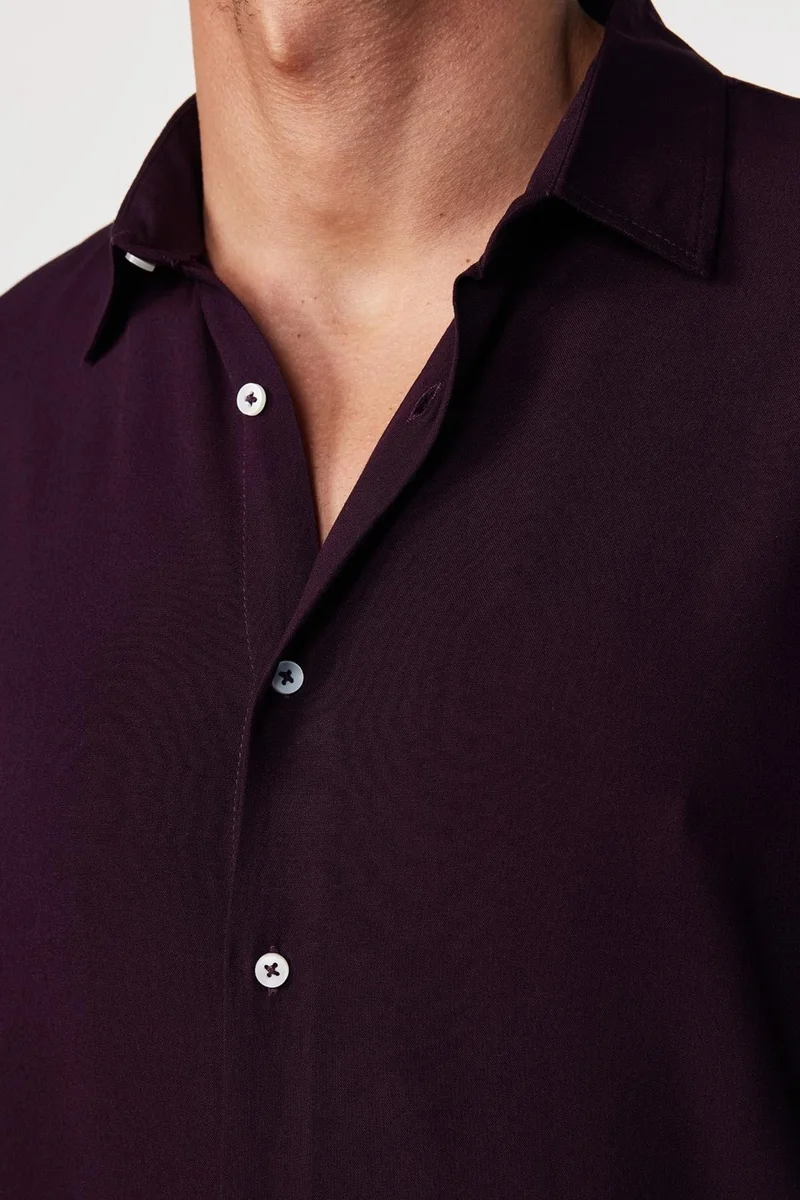Tudors Slim Fit Slim Fit Long Sleeve Flowy Viscose Stylish Plum Men's Shirt