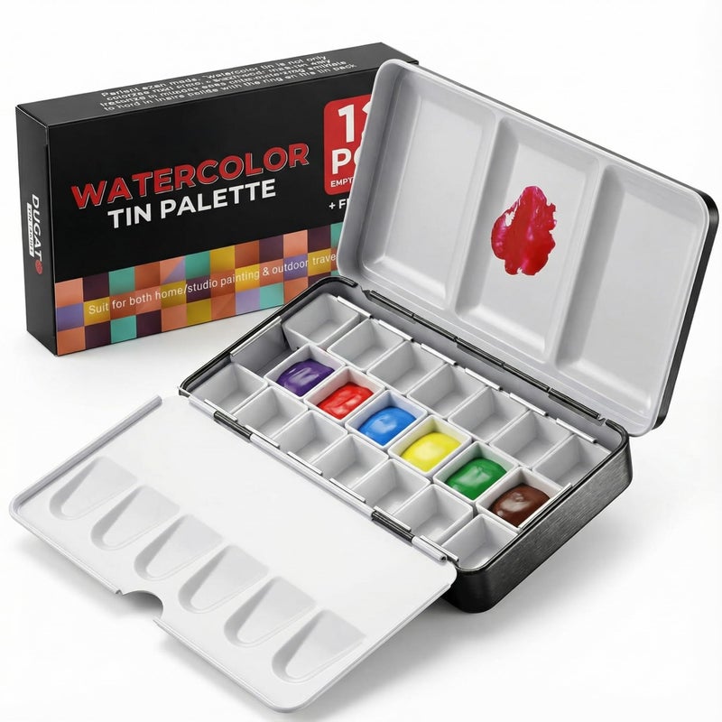 DUGATO Small Empty Watercolor Palette Tin with Lid Includes 20 Half Pans 4 FoldOut Mixing Areas Metal Travel Box for DIY Art Supplies
