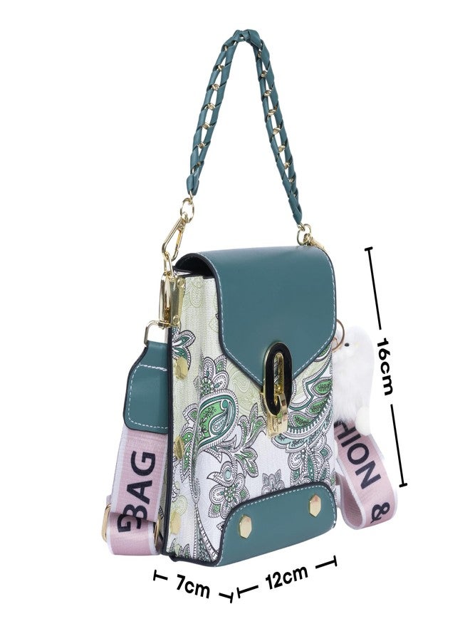 SANTORINI Paisley Mini Luxe Sling Bag for Women | Premium Faux Leather | 2 Compartments | Twist Lock | Bag Charm | Extra Sling Strap (Green) - Image 2